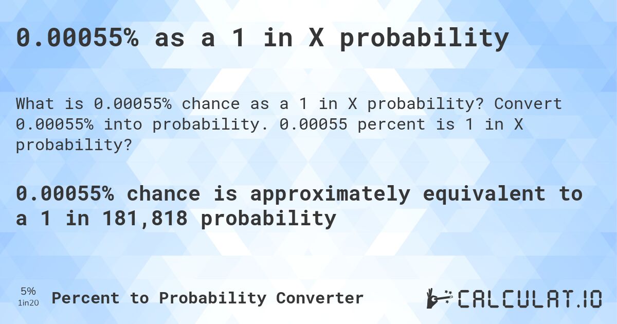 0.00055% as a 1 in X probability. Convert 0.00055% into probability. 0.00055 percent is 1 in X probability?