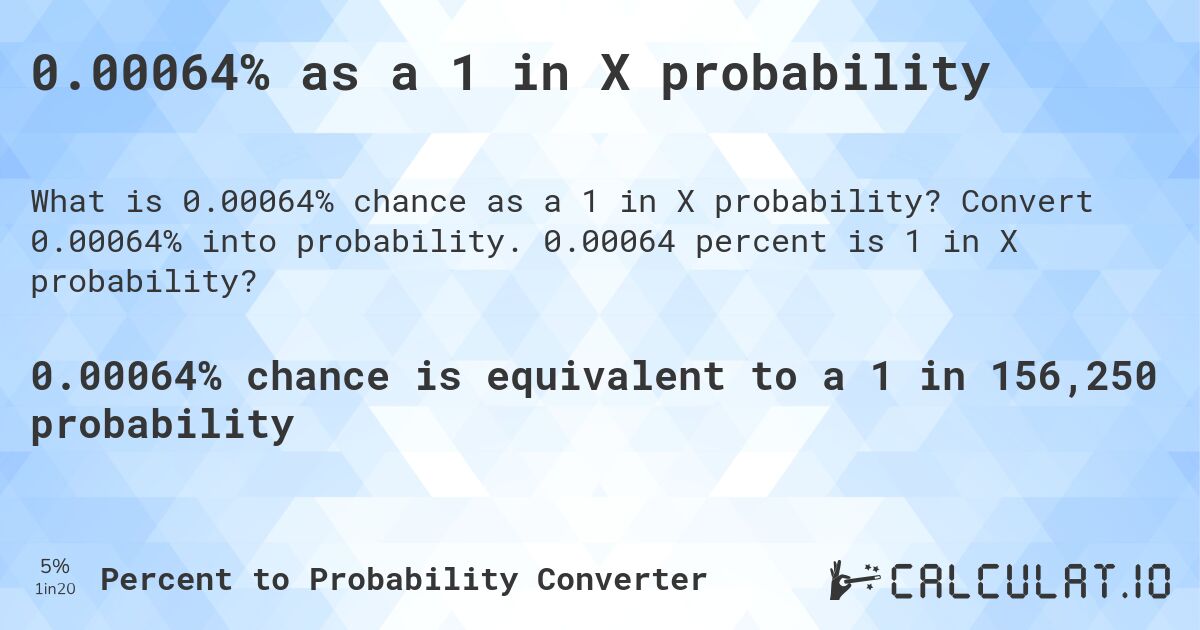 0.00064% as a 1 in X probability. Convert 0.00064% into probability. 0.00064 percent is 1 in X probability?