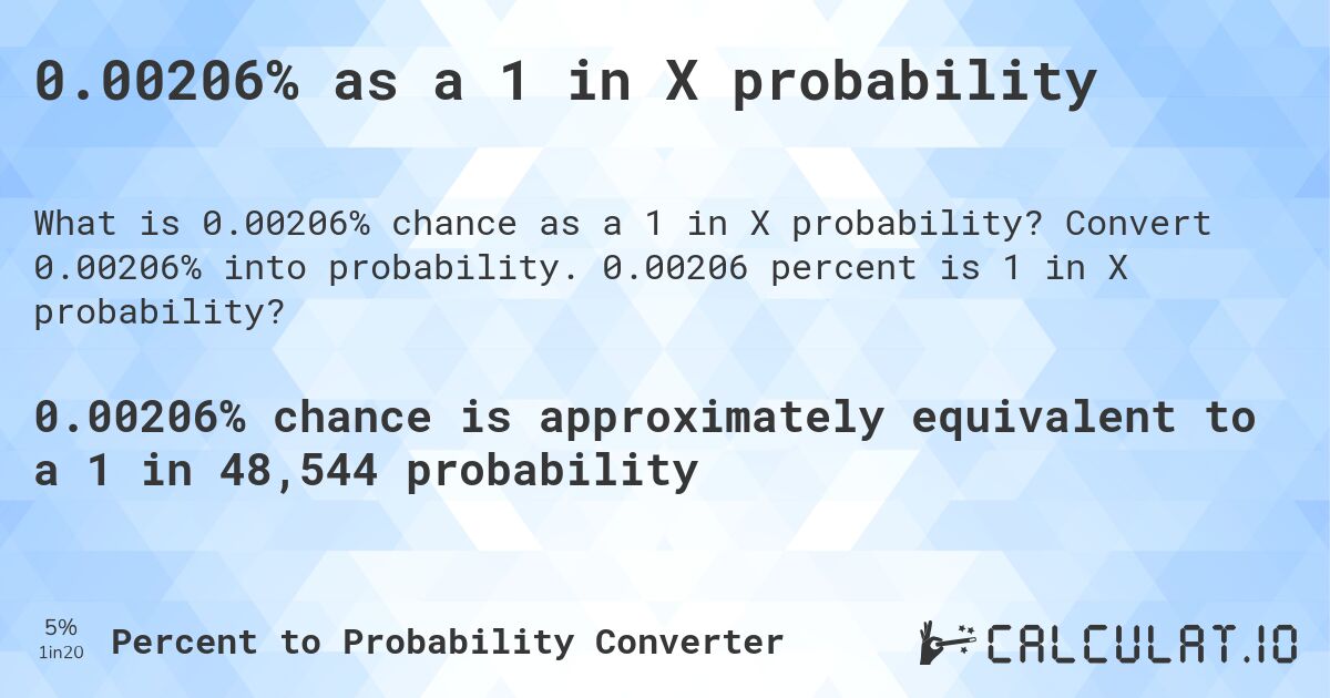 0.00206% as a 1 in X probability. Convert 0.00206% into probability. 0.00206 percent is 1 in X probability?