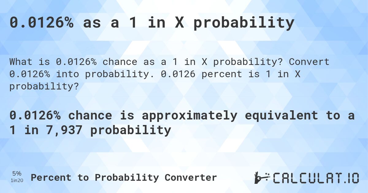 0.0126% as a 1 in X probability. Convert 0.0126% into probability. 0.0126 percent is 1 in X probability?