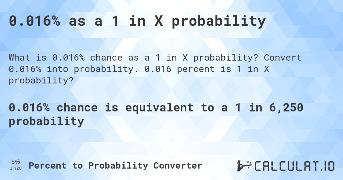 0.016% as a 1 in X probability. Convert 0.016% into probability. 0.016 percent is 1 in X probability?