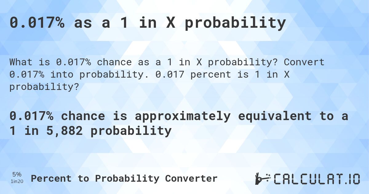 0.017% as a 1 in X probability. Convert 0.017% into probability. 0.017 percent is 1 in X probability?