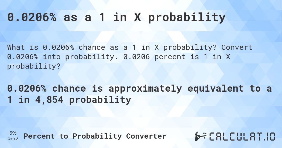 0.0206% as a 1 in X probability. Convert 0.0206% into probability. 0.0206 percent is 1 in X probability?
