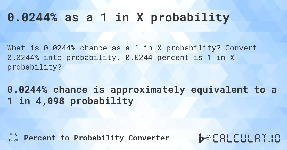 0.0244% as a 1 in X probability. Convert 0.0244% into probability. 0.0244 percent is 1 in X probability?