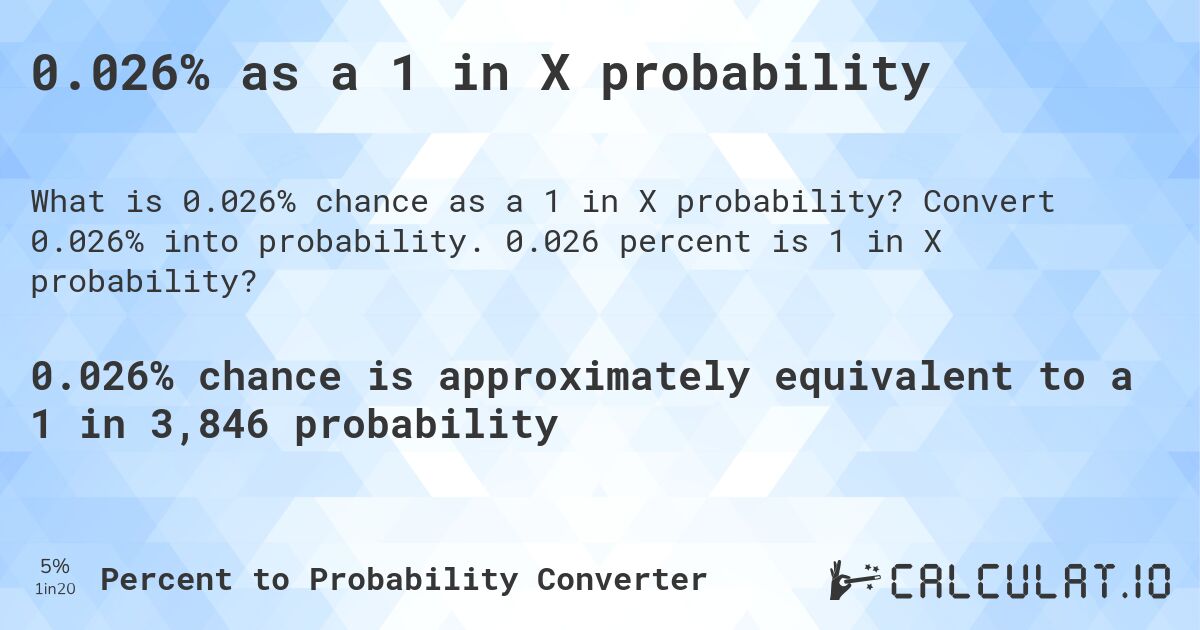 0.026% as a 1 in X probability. Convert 0.026% into probability. 0.026 percent is 1 in X probability?