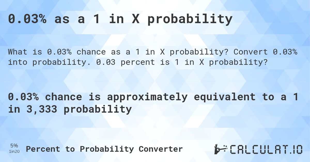 0.03% as a 1 in X probability. Convert 0.03% into probability. 0.03 percent is 1 in X probability?