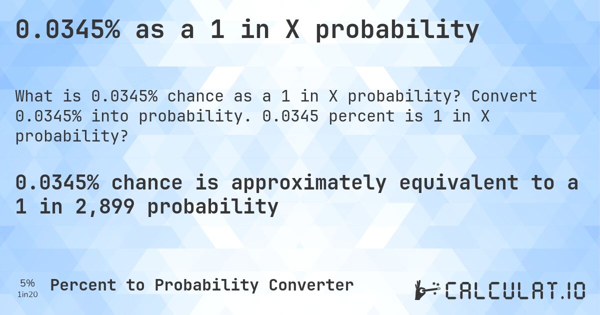 0.0345% as a 1 in X probability. Convert 0.0345% into probability. 0.0345 percent is 1 in X probability?