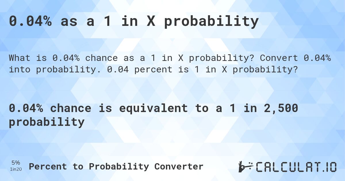 0.04% as a 1 in X probability. Convert 0.04% into probability. 0.04 percent is 1 in X probability?