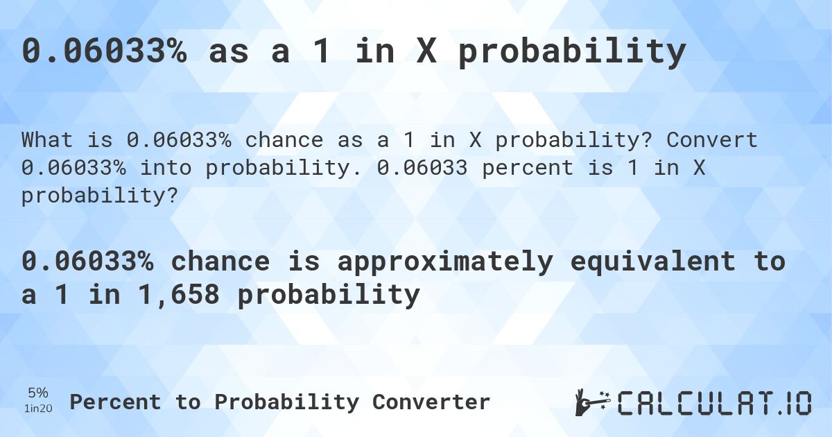0.06033% as a 1 in X probability. Convert 0.06033% into probability. 0.06033 percent is 1 in X probability?
