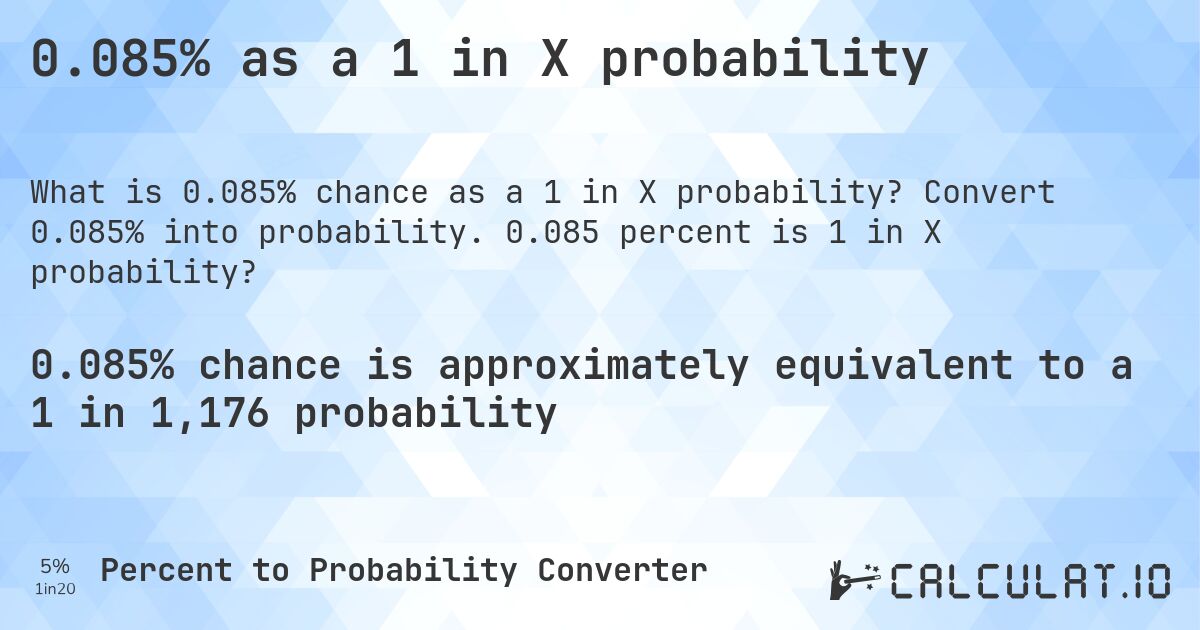 0.085% as a 1 in X probability. Convert 0.085% into probability. 0.085 percent is 1 in X probability?