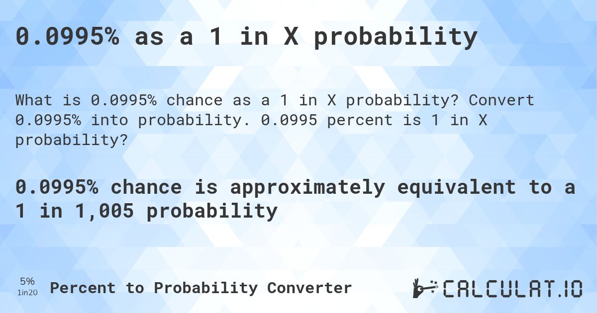 0.0995% as a 1 in X probability. Convert 0.0995% into probability. 0.0995 percent is 1 in X probability?