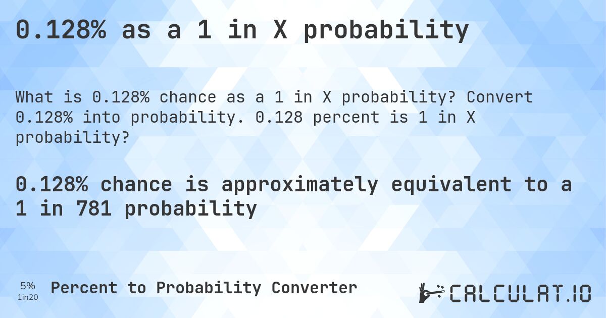 0.128% as a 1 in X probability. Convert 0.128% into probability. 0.128 percent is 1 in X probability?