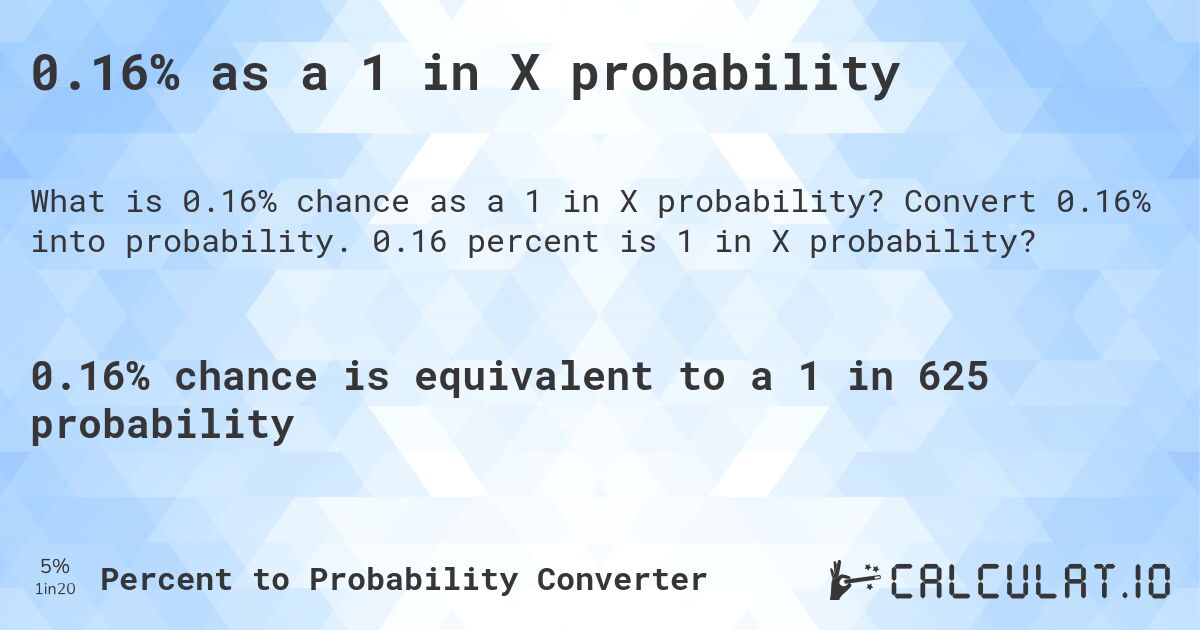 0.16% as a 1 in X probability. Convert 0.16% into probability. 0.16 percent is 1 in X probability?