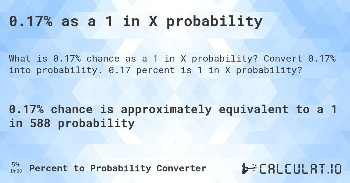 0.17% as a 1 in X probability. Convert 0.17% into probability. 0.17 percent is 1 in X probability?