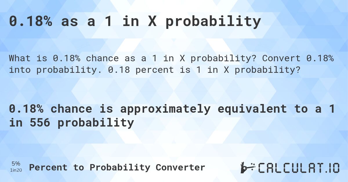 0.18% as a 1 in X probability. Convert 0.18% into probability. 0.18 percent is 1 in X probability?