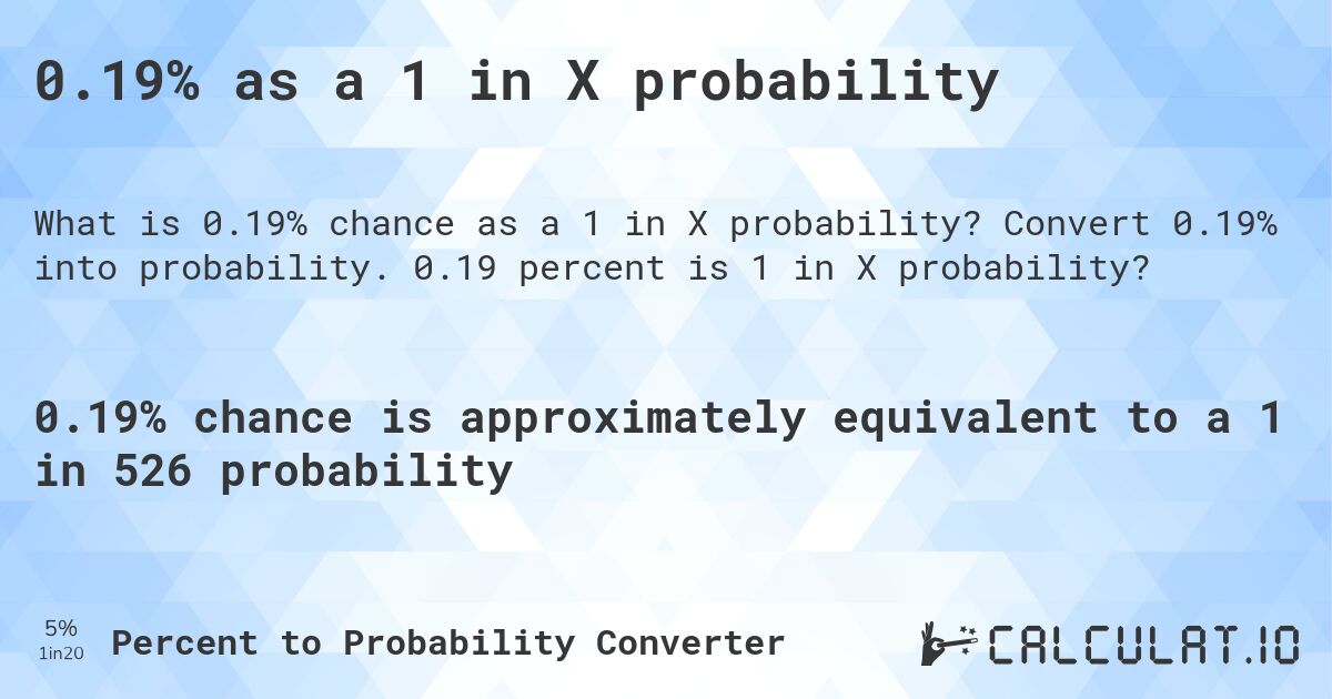 0.19% as a 1 in X probability. Convert 0.19% into probability. 0.19 percent is 1 in X probability?