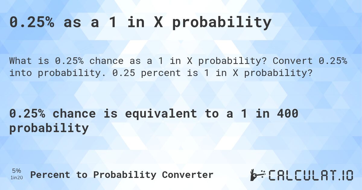 0.25% as a 1 in X probability. Convert 0.25% into probability. 0.25 percent is 1 in X probability?