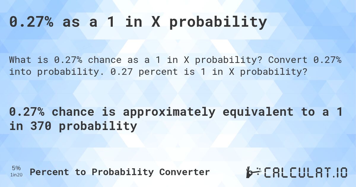 0.27% as a 1 in X probability. Convert 0.27% into probability. 0.27 percent is 1 in X probability?