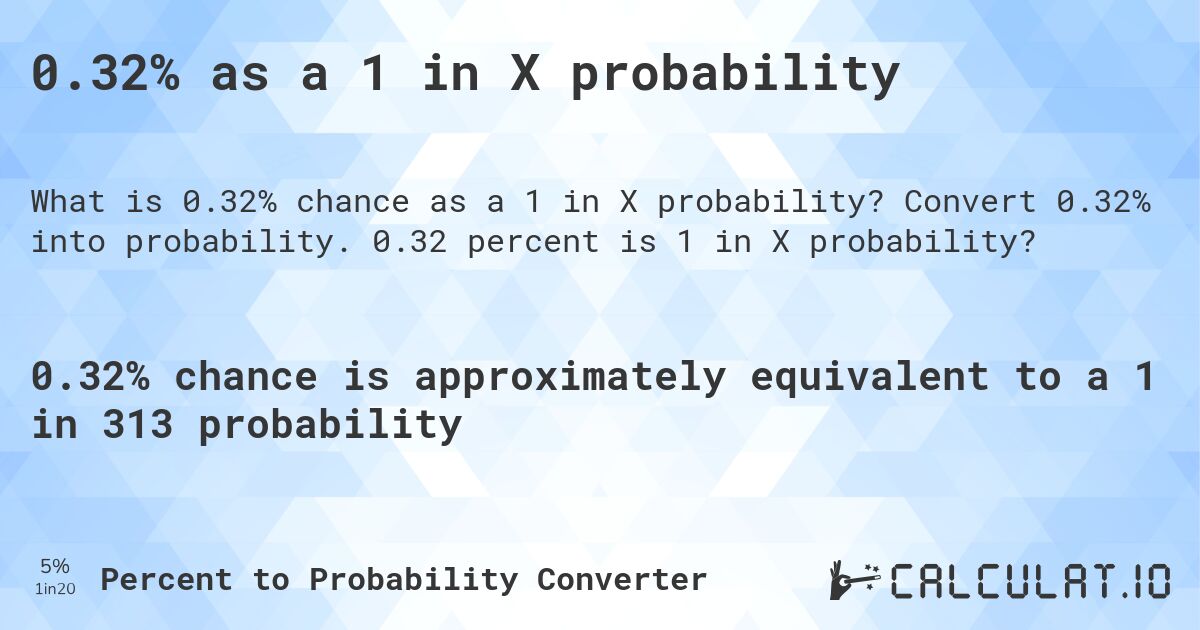 0.32% as a 1 in X probability. Convert 0.32% into probability. 0.32 percent is 1 in X probability?