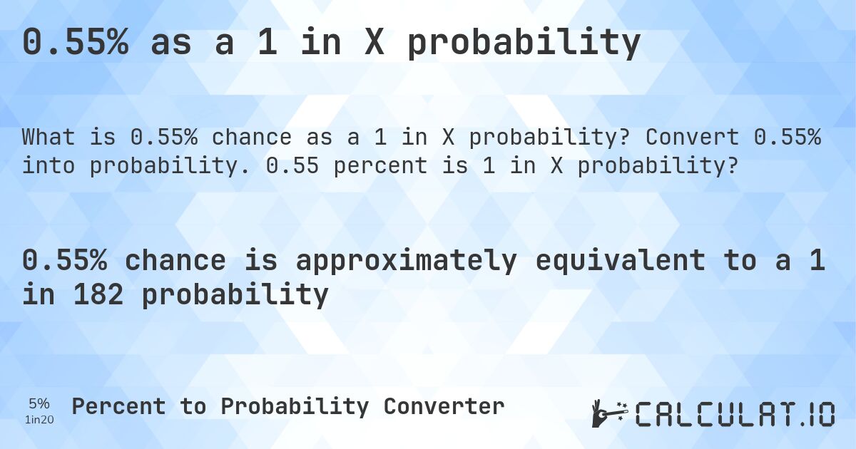 0.55% as a 1 in X probability. Convert 0.55% into probability. 0.55 percent is 1 in X probability?