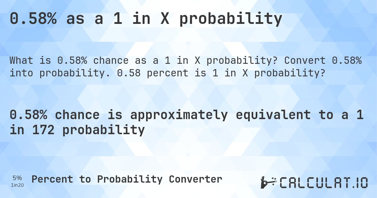0.58% as a 1 in X probability. Convert 0.58% into probability. 0.58 percent is 1 in X probability?