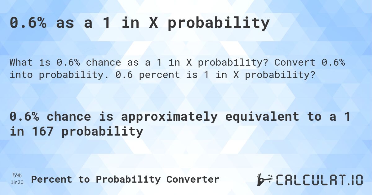 0.6% as a 1 in X probability. Convert 0.6% into probability. 0.6 percent is 1 in X probability?