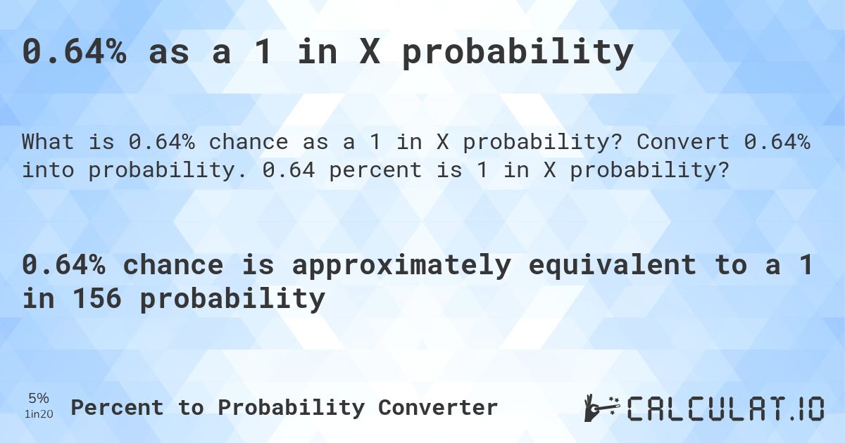 0.64% as a 1 in X probability. Convert 0.64% into probability. 0.64 percent is 1 in X probability?