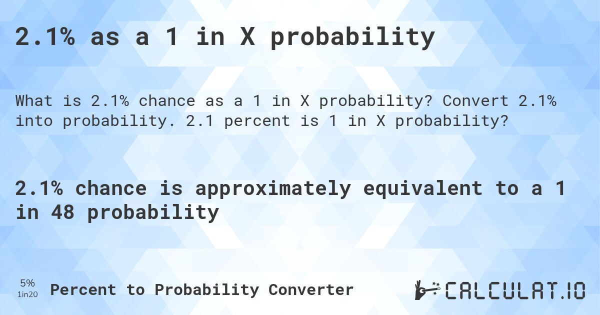 2.1% as a 1 in X probability. Convert 2.1% into probability. 2.1 percent is 1 in X probability?