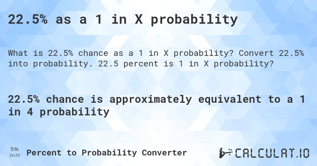 22.5% as a 1 in X probability. Convert 22.5% into probability. 22.5 percent is 1 in X probability?