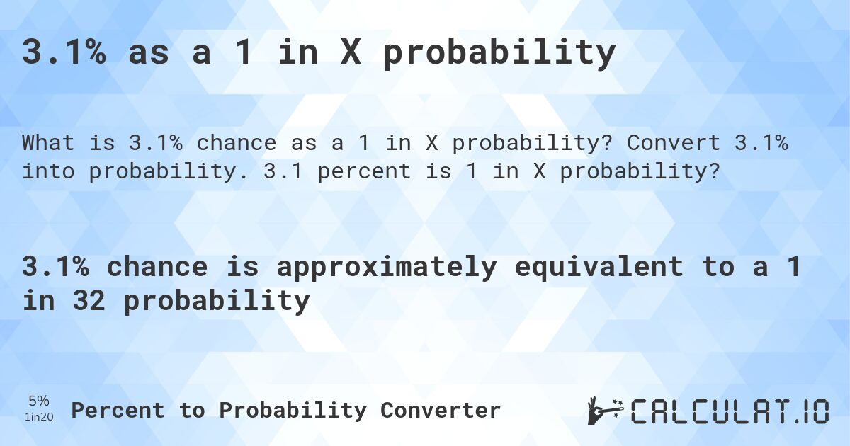 3.1% as a 1 in X probability. Convert 3.1% into probability. 3.1 percent is 1 in X probability?