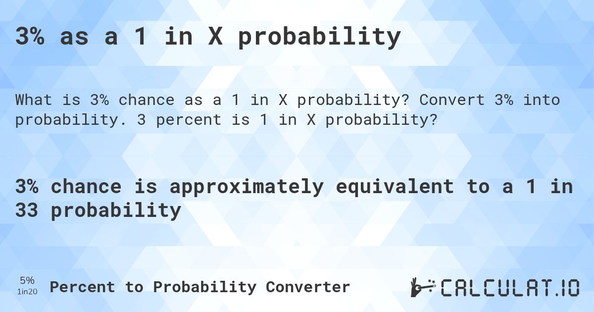 3% as a 1 in X probability. Convert 3% into probability. 3 percent is 1 in X probability?