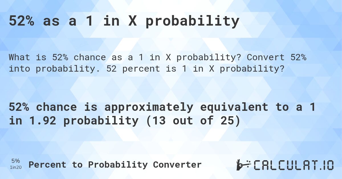 52% as a 1 in X probability. Convert 52% into probability. 52 percent is 1 in X probability?