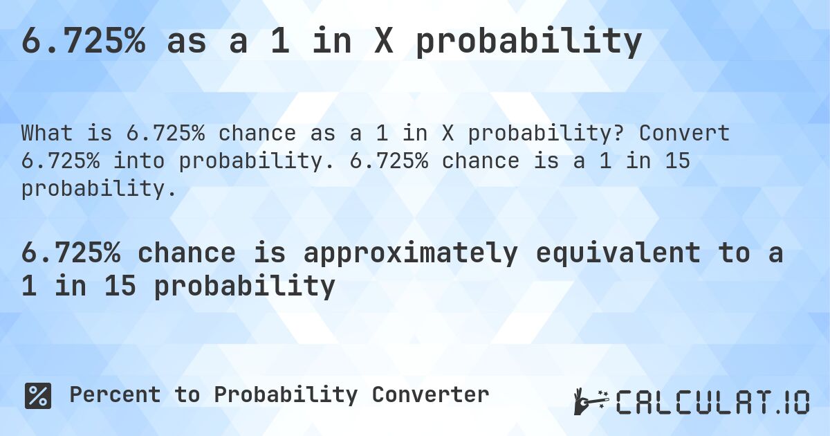 6.725% as a 1 in X probability. Convert 6.725% into probability. 6.725% chance is a 1 in 15 probability.