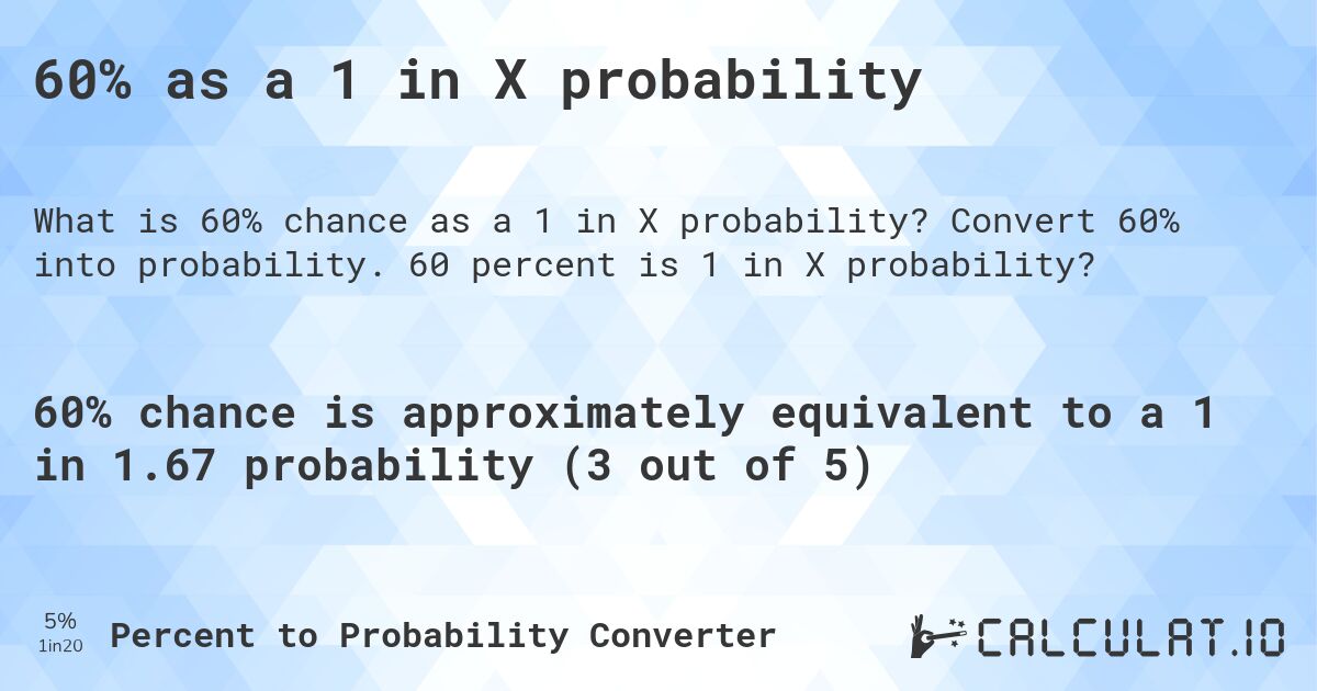 60% as a 1 in X probability. Convert 60% into probability. 60 percent is 1 in X probability?