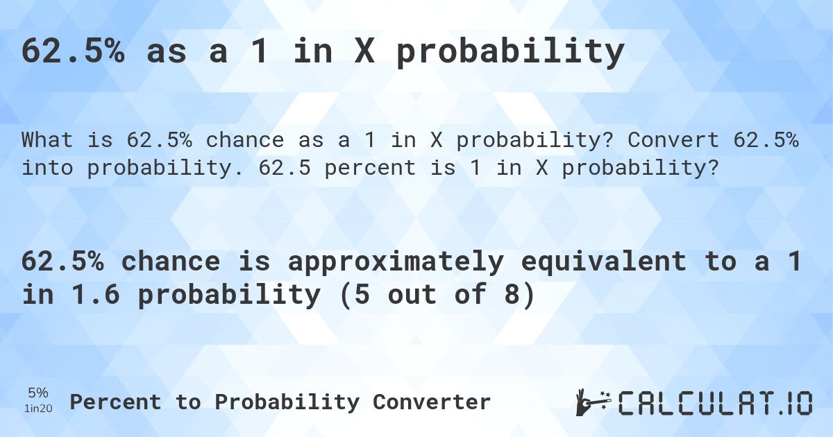 62.5% as a 1 in X probability. Convert 62.5% into probability. 62.5 percent is 1 in X probability?