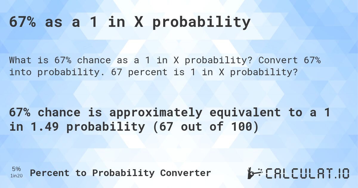 67% as a 1 in X probability. Convert 67% into probability. 67 percent is 1 in X probability?