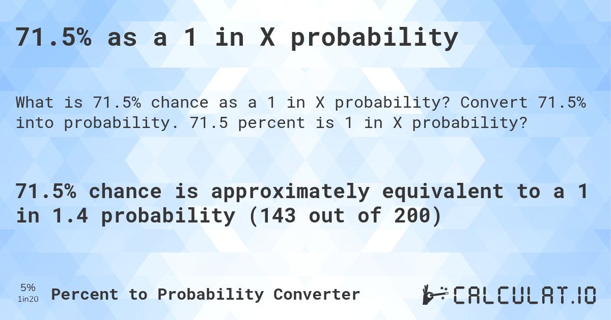 71.5% as a 1 in X probability. Convert 71.5% into probability. 71.5 percent is 1 in X probability?