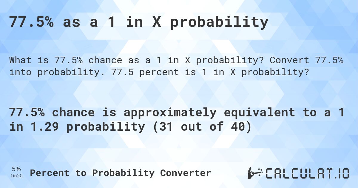 77.5% as a 1 in X probability. Convert 77.5% into probability. 77.5 percent is 1 in X probability?