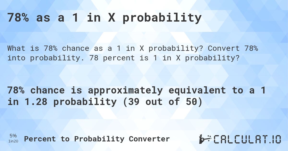 78% as a 1 in X probability. Convert 78% into probability. 78 percent is 1 in X probability?