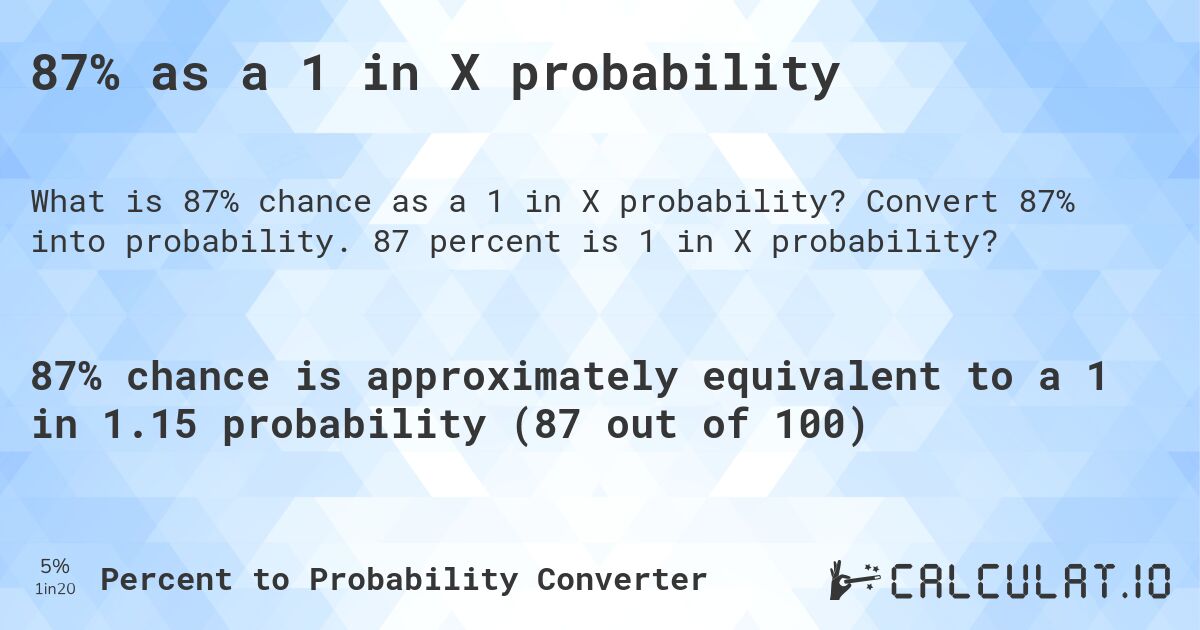 87% as a 1 in X probability. Convert 87% into probability. 87 percent is 1 in X probability?
