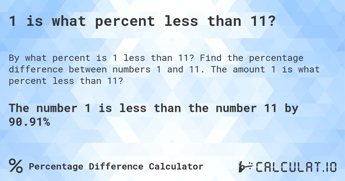 1 is what percent less than 11?. Find the percentage difference between numbers 1 and 11. The amount 1 is what percent less than 11?