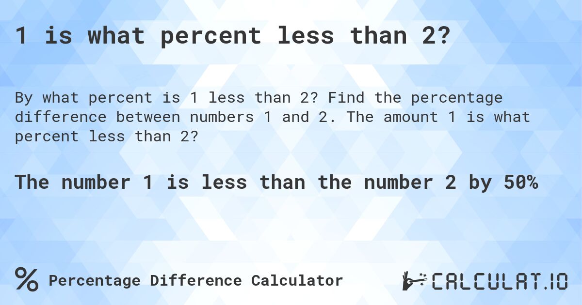 1 is what percent less than 2?. Find the percentage difference between numbers 1 and 2. The amount 1 is what percent less than 2?