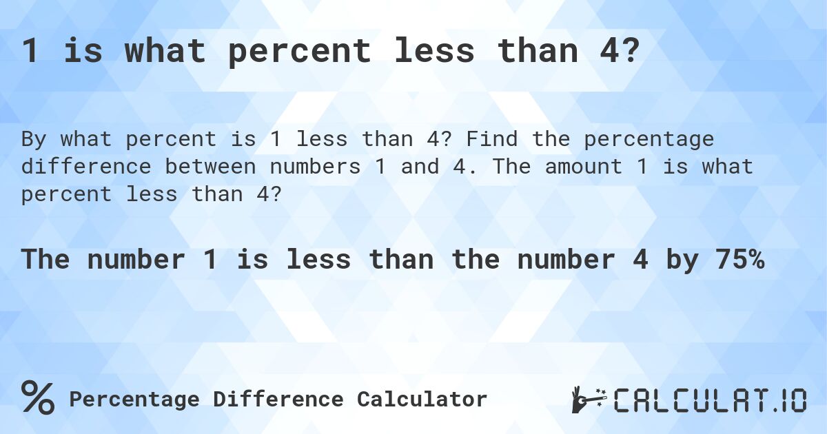 1 is what percent less than 4?. Find the percentage difference between numbers 1 and 4. The amount 1 is what percent less than 4?