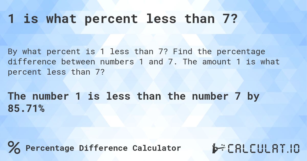1 is what percent less than 7?. Find the percentage difference between numbers 1 and 7. The amount 1 is what percent less than 7?