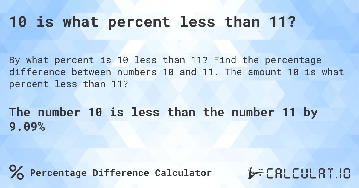 10 is what percent less than 11?. Find the percentage difference between numbers 10 and 11. The amount 10 is what percent less than 11?