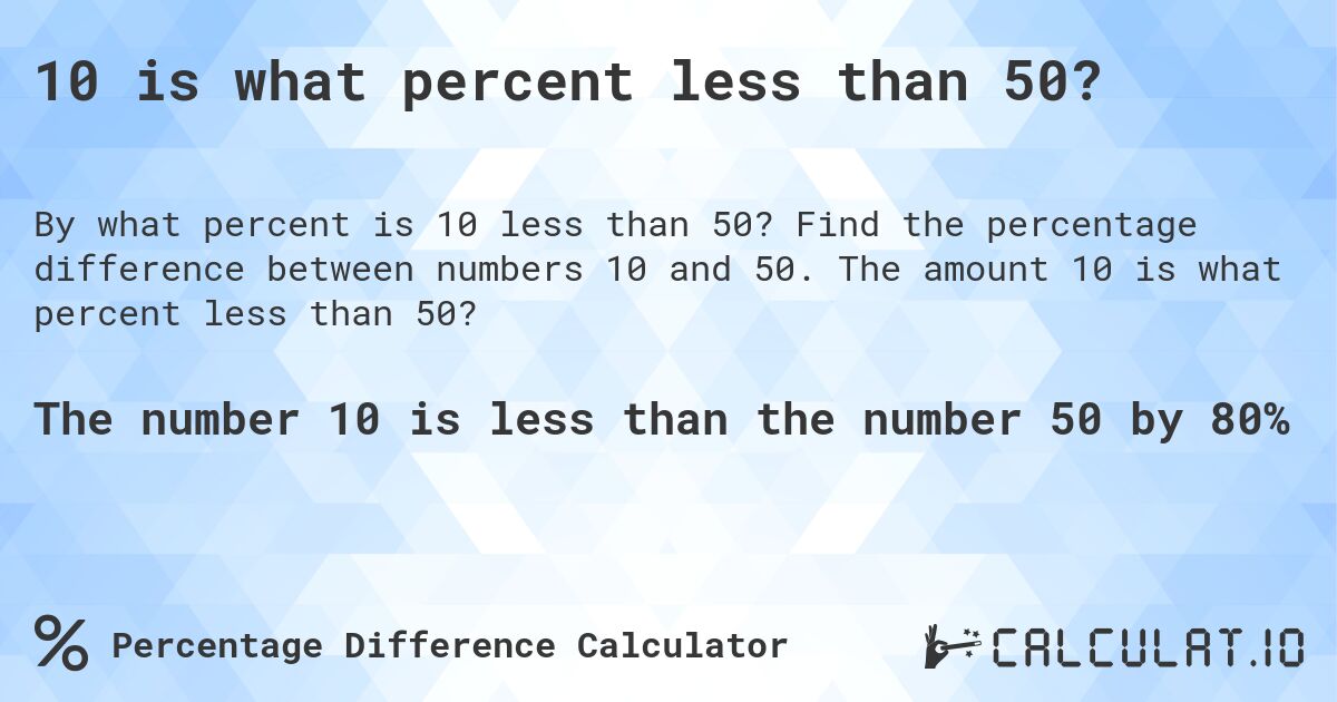 10 is what percent less than 50?. Find the percentage difference between numbers 10 and 50. The amount 10 is what percent less than 50?