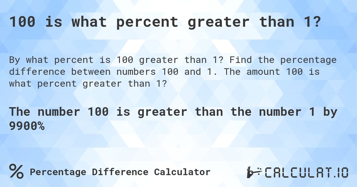 100 is what percent greater than 1?. Find the percentage difference between numbers 100 and 1. The amount 100 is what percent greater than 1?