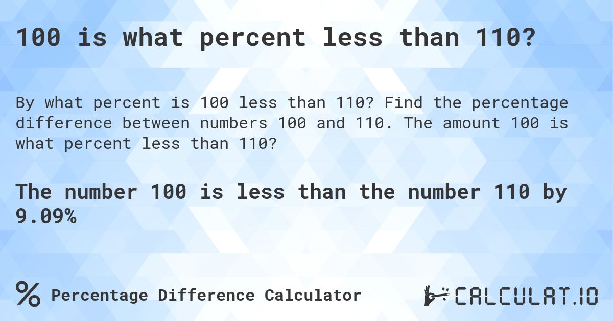 100 is what percent less than 110?. Find the percentage difference between numbers 100 and 110. The amount 100 is what percent less than 110?