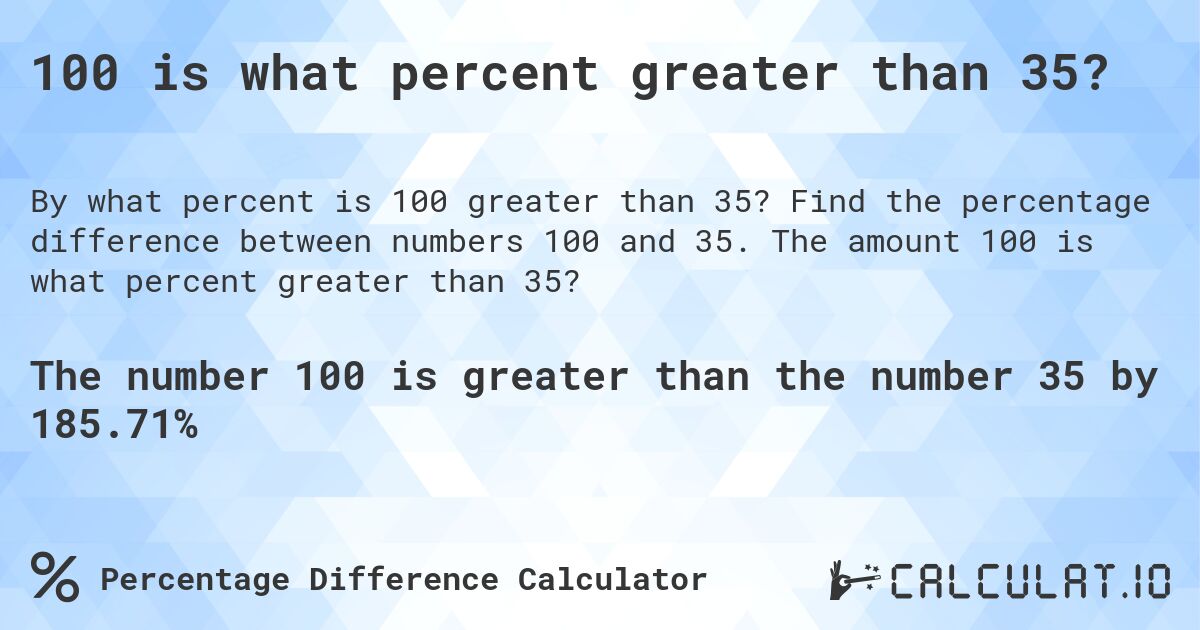 100 is what percent greater than 35?. Find the percentage difference between numbers 100 and 35. The amount 100 is what percent greater than 35?