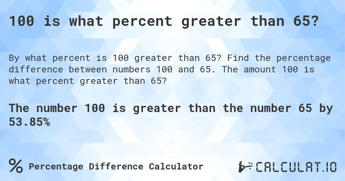 100 is what percent greater than 65?. Find the percentage difference between numbers 100 and 65. The amount 100 is what percent greater than 65?
